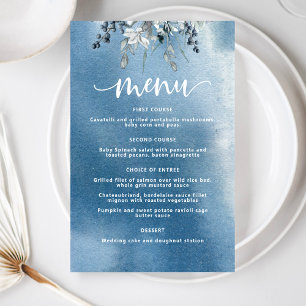 Blue Watercolor Wash and Foliage Elegant Menu