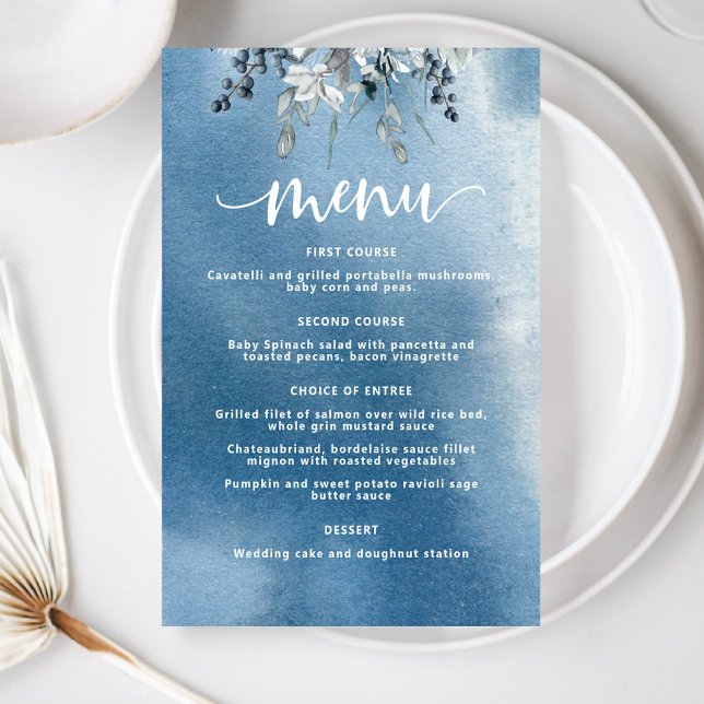 Blue Watercolor Wash and Foliage Elegant Menu (Creator Uploaded)