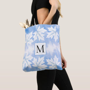 Blue watercolor wash maple leaves and monogram tote bag