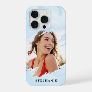 Blue Watercolor Wash Personalised Photo with Name iPhone 15 Pro Case