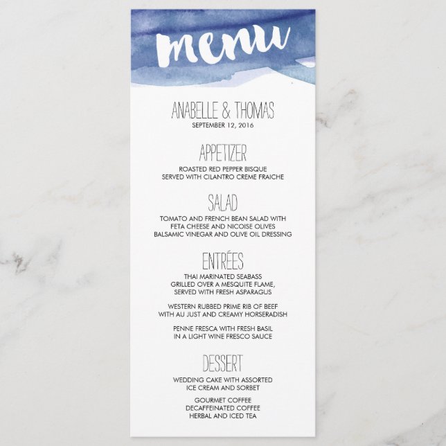 Blue Watercolor Wash Wedding Menu (Front)