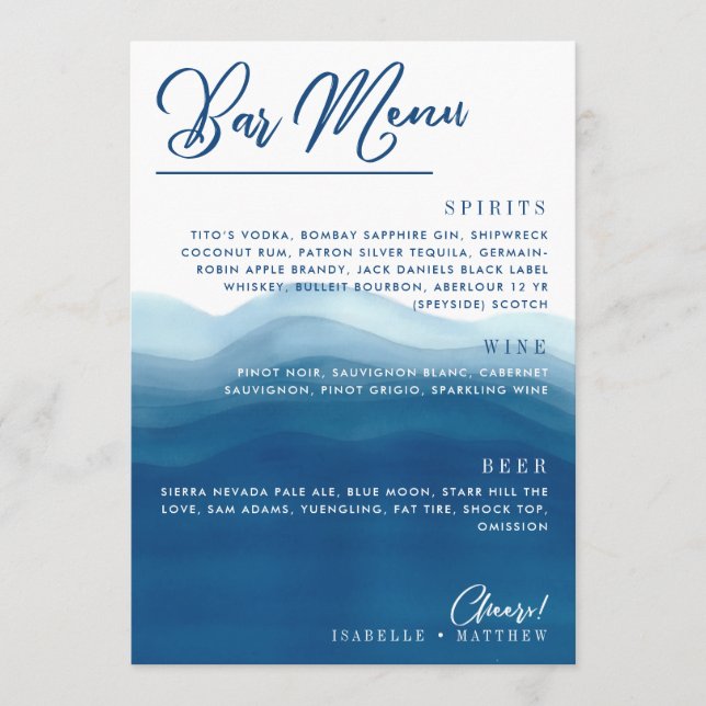 Blue Watercolor Wave Bar Wedding Menu (Front)