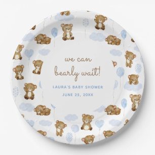 Blue Watercolor We Can Bearly Wait Teddy Bear  Paper Plate