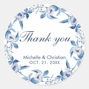 Blue Watercolor Wedding Favour Thank you Sticker