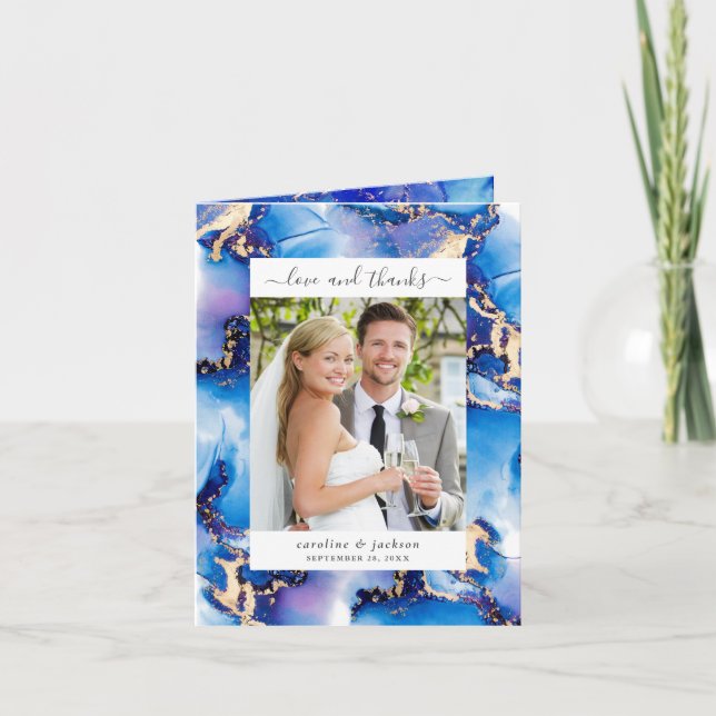 Blue Watercolor Wedding Photo Thank You Card (Front)
