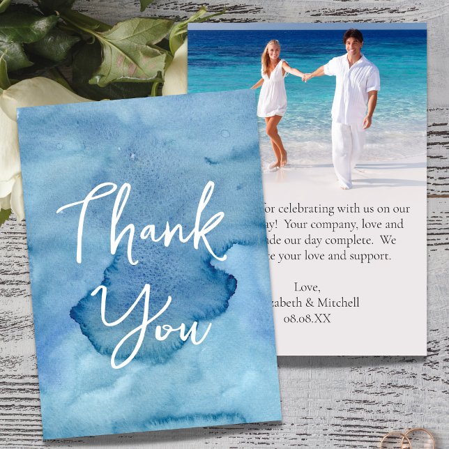 Blue Watercolor Wedding Photo Thank You Card (Creator Uploaded)