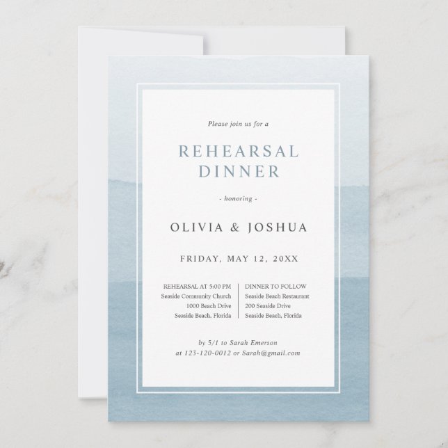 Blue Watercolor Wedding Rehearsal Dinner Invitation (Front)