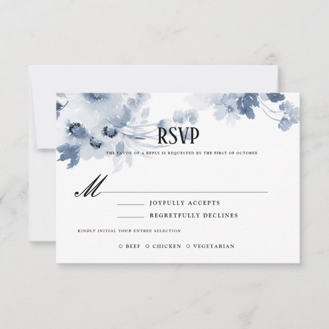 Blue Watercolor Wedding RSVP with Meal Selection Card (Front)