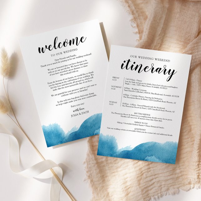 Blue Watercolor Wedding Welcome Letter & Itinerary Invitation (Creator Uploaded)