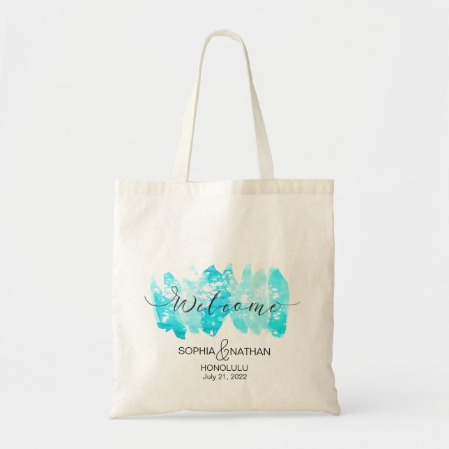 Blue Watercolor Welcome Wedding Destination Gift Tote Bag (Front)