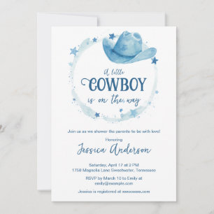 Blue Watercolor Western Cowboy Hat Baby Shower  Invitation
