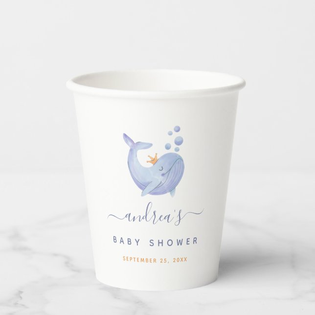 Blue Watercolor Whale Nautical Ocean Baby Shower Paper Cups (Front)