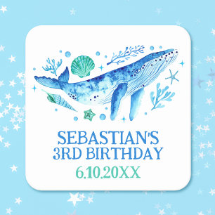 Blue Watercolor Whale Under the Sea Party  Square Paper Coaster