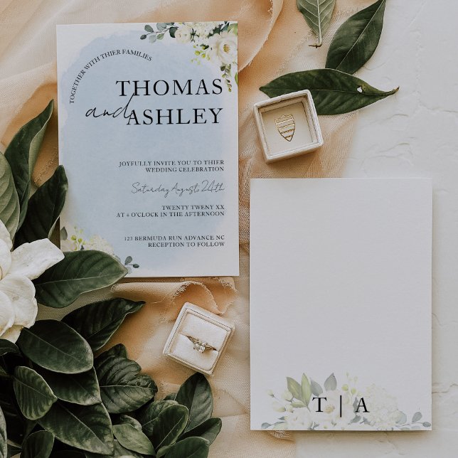 Blue Watercolor White Rose Elegant Wedding Invitation (Creator Uploaded)