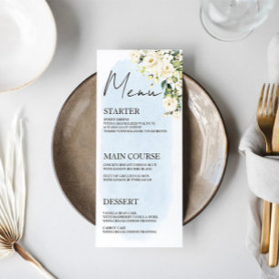 Blue Watercolor White Rose Wedding Menu Place Card