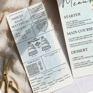 Blue Watercolor White Rose Wedding Menu Place Card