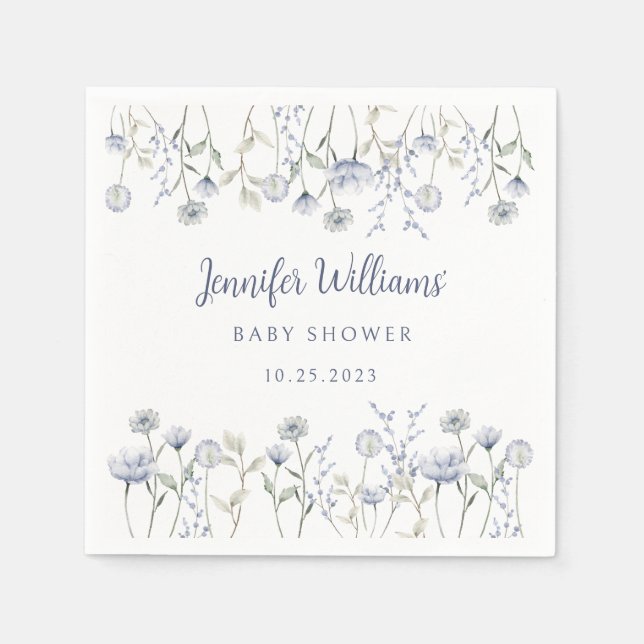 Blue watercolor wildflower baby boy shower paper napkin (Front)