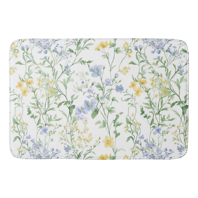 Blue Watercolor Wildflower Bath Mat (Front)