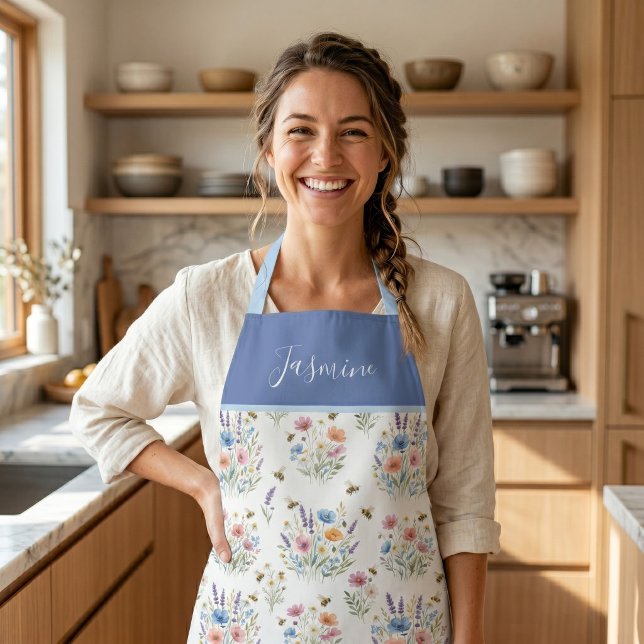 Blue Watercolor Wildflower Bees Boho Custom Name Apron (Creator Uploaded)