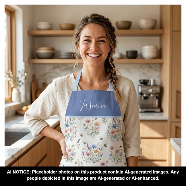 Blue Watercolor Wildflower Bees Boho Custom Name Apron (Creator Uploaded)