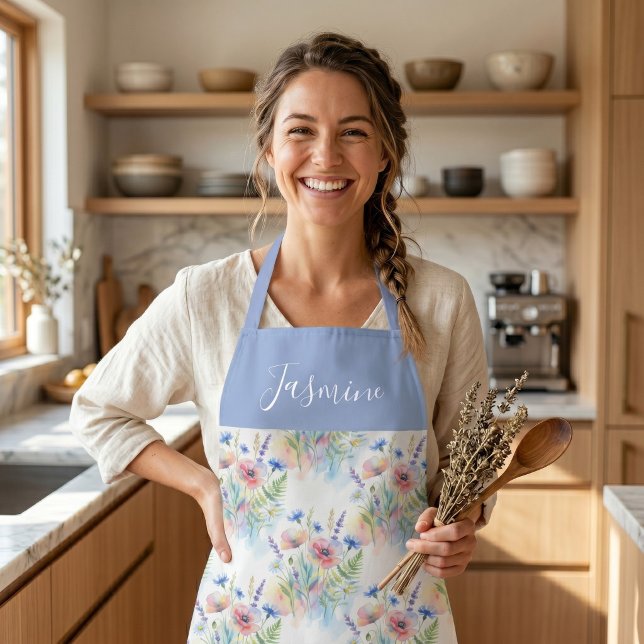 Blue Watercolor Wildflower Boho Custom Name Apron (Creator Uploaded)