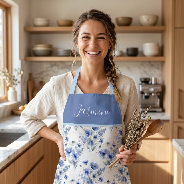 Blue Watercolor Wildflower Boho Custom Name Apron (Creator Uploaded)