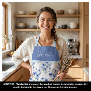 Blue Watercolor Wildflower Boho Custom Name Apron