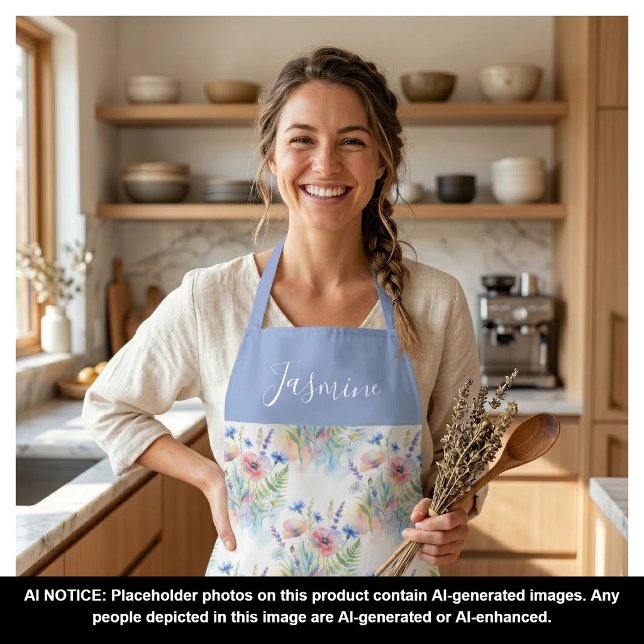 Blue Watercolor Wildflower Boho Custom Name Apron (Creator Uploaded)