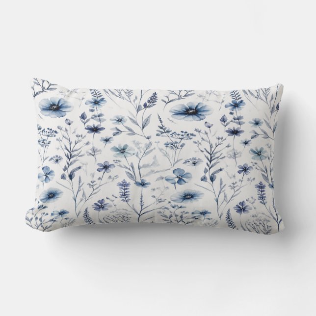 Blue Watercolor Wildflower Botanical Throw Pillow (Front)