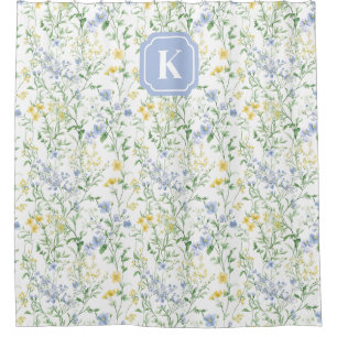 Blue Watercolor Wildflower Custom Initial Shower Curtain