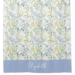 Blue Watercolor Wildflower Custom Name Apro Shower Curtain