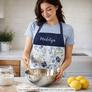 Blue Watercolor Wildflower Custom Name Apron