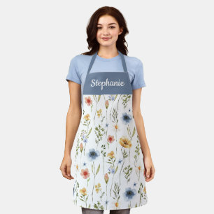 Blue Watercolor Wildflower Custom Name Apron