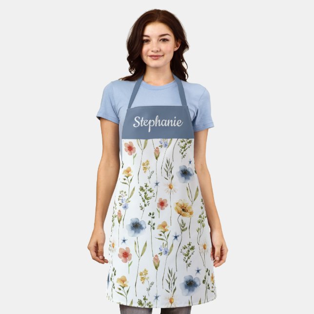 Blue Watercolor Wildflower Custom Name Apron (Worn)