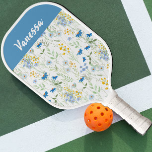 Blue Watercolor Wildflower Custom Name Pickleball Paddle