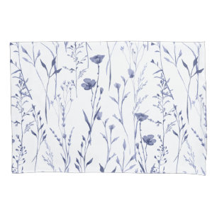 Blue Watercolor Wildflower Floral Leaf Pattern Pillowcase
