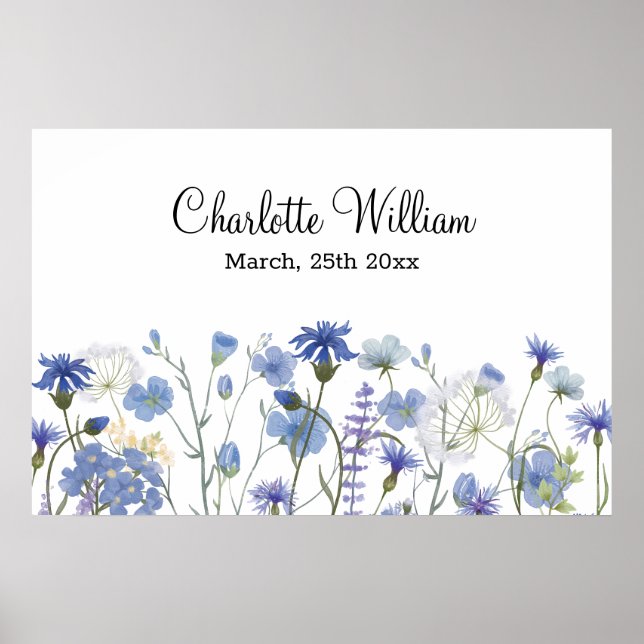 Blue Watercolor Wildflower Garden Baby Nursery Poster (Front)