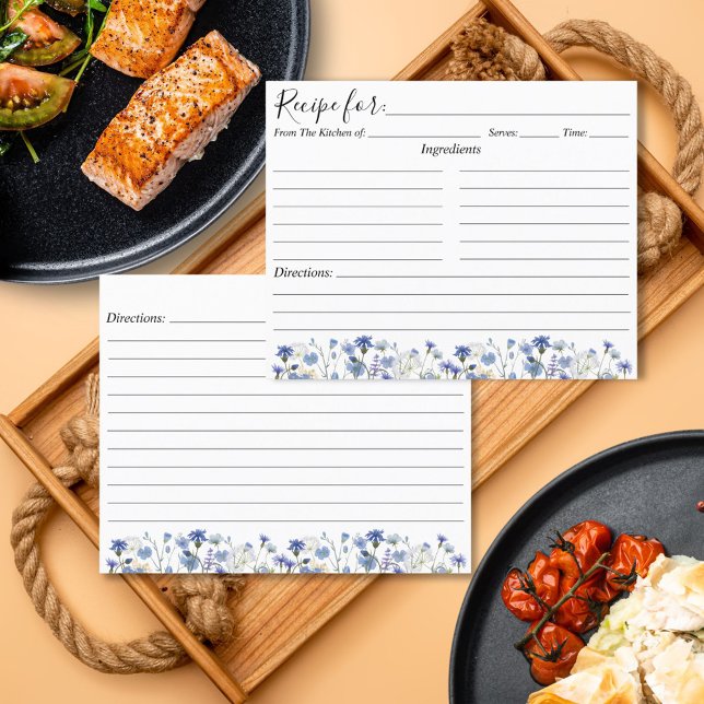 Blue Watercolor Wildflower Garden Recipe Card (In situ)