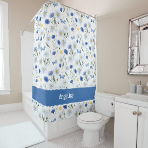 Blue Watercolor Wildflower Meadow Name Shower Curtain