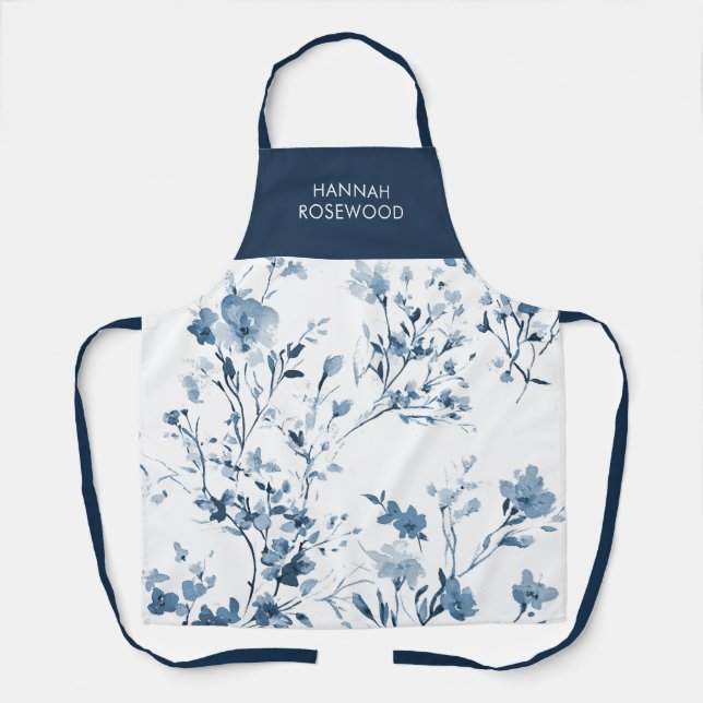 Blue Watercolor Wildflower Modern Minimal Name Apron (Front)