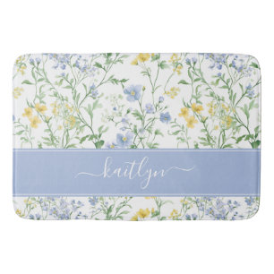 Blue Watercolor Wildflower Monogram Bath Mat