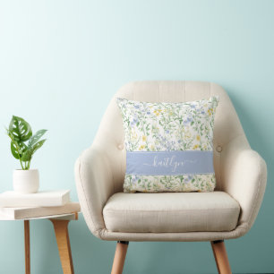 Blue Watercolor Wildflower Monogram Cushion