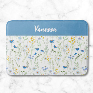 Blue Watercolor Wildflower Monogram Name Bath Mat