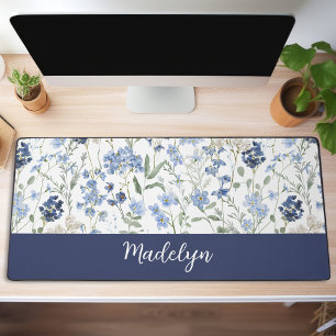 Blue Watercolor Wildflower Monogram Name Desk Mat