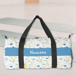 Blue Watercolor Wildflower Monogram Name Duffle Bag