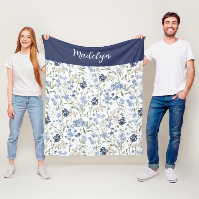 Blue Watercolor Wildflower Monogram Name Fleece Blanket (In Situ)