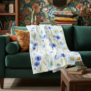 Blue Watercolor Wildflower Monogram Name Fleece Blanket
