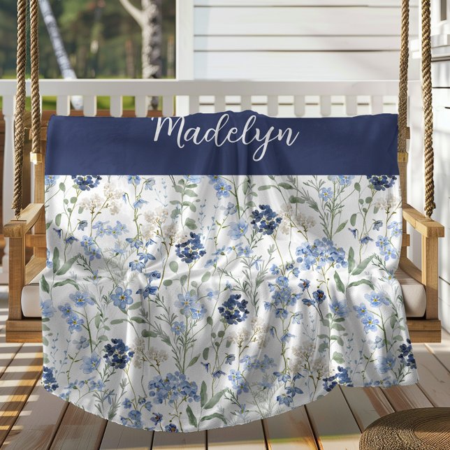 Blue Watercolor Wildflower Monogram Name Fleece Blanket (Creator Uploaded)