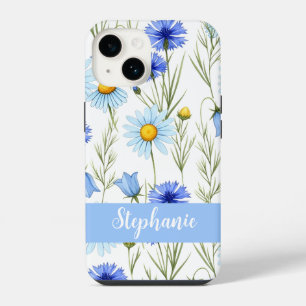 Blue Watercolor Wildflower Monogram Name iPhone 14 Case