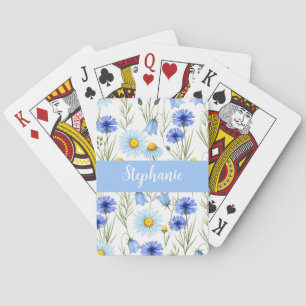 Blue Watercolor Wildflower Monogram Name Playing Cards